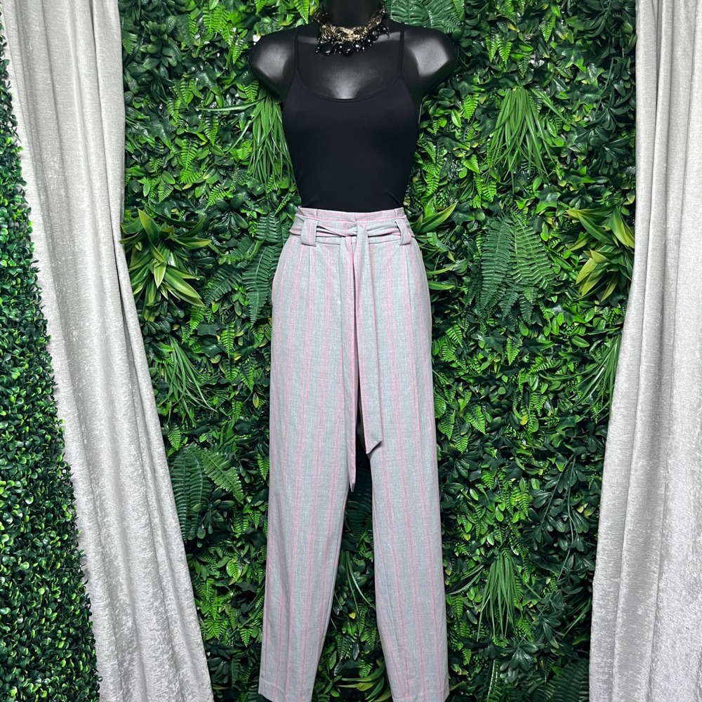 Express Pants Size 2L Pink Gray Ankle High Rise Striped Paperbag Waist 3430 - Picture 2 of 11